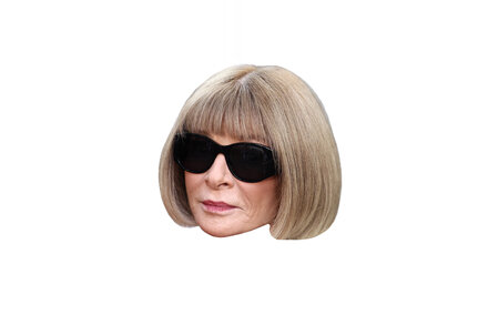 Portrait of Anna Wintour, editor-in-chief of Vogue, from the 1990s, with her signature bob haircut and sunglasses, looking poised and influential, evoking the fashion industry of that era.