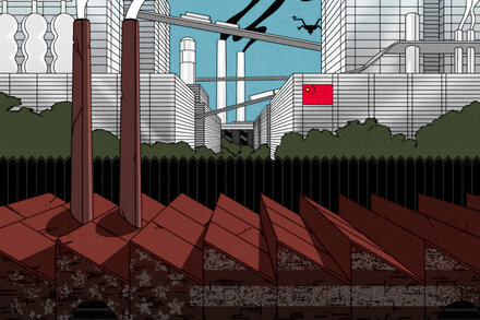 Two shipping containers, one red and one blue, stacked at a port with cranes and a large cargo ship in the background, illustrating global trade and manufacturing.
