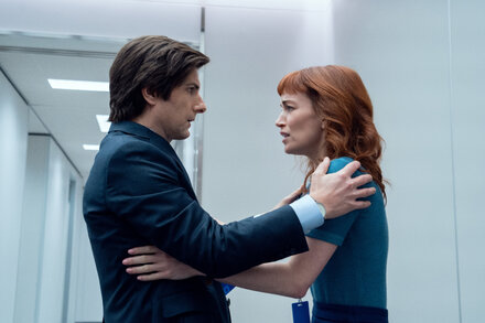 Still from 'Severance' showing Adam Scott looking stressed, representing the Emmy nominations.