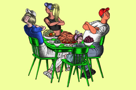 A diverse group of family members with varied political views engaging in conversation at a family gathering, with a subtle indication of differing opinions but underlying unity.