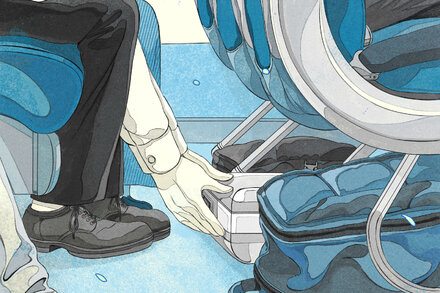 Illustrated image of a small, rectangular personal item bag with various travel essentials neatly packed inside, including a rolled t-shirt, a small tech pouch, a toothbrush, and a paperback book.