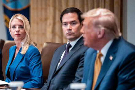 Donald Trump with Pam Bondi, discussing the Epstein inquiry and their legal dispute