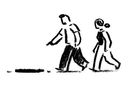 A man in a coat and hat walks away, his back to the viewer, turning left towards a setting sun or bright light. A silhouette of a second person is faintly visible, walking alongside him.