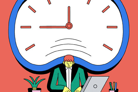 An illustration depicts a person hunched over a laptop, surrounded by glowing screens, with a clock showing late hours, symbolizing the intense '996' work culture in Silicon Valley.