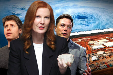 A visual representation of artificial intelligence colliding with climate change, possibly showing server farms intertwined with natural landscapes or data flows impacting weather patterns.