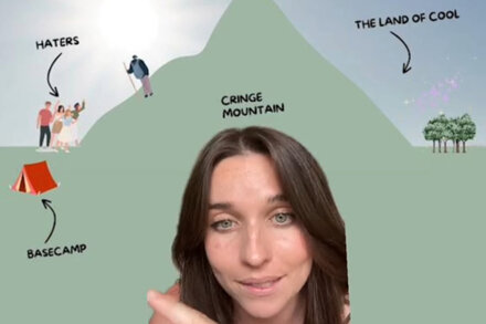 A diverse group of young adults, Gen Z, looking humorously or awkwardly at a smartphone, against a backdrop of a cartoonish, exaggerated 'cringe mountain' with a path leading up it.
