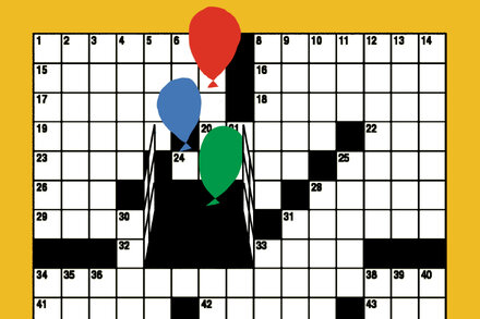 Three crossword puzzles, one partially completed, with a pencil and cup of coffee. Each puzzle has a different grid style and a title related to Mel Taub.