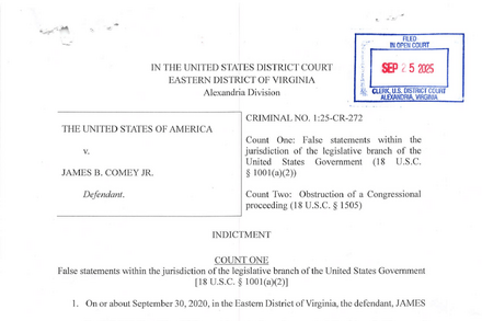 James Comey in a suit and tie, looking serious, with text overlay indicating an indictment.