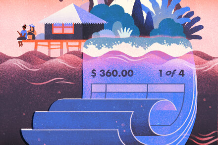 An illustration showing a person using a credit card with a 'BNPL' (Buy Now, Pay Later) label, surrounded by travel-related icons like a plane, suitcase, and palm tree, representing the concept of 'Travel Now, Pay Later'.