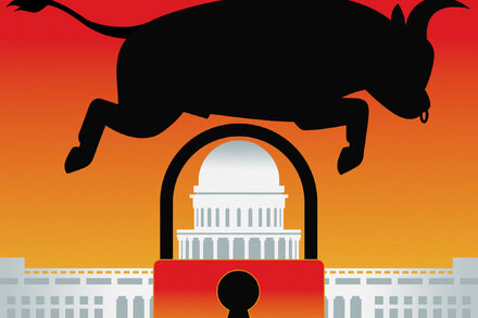 Illustration of a person standing at a crossroads of different financial paths, with one path leading to a 'Government Shutdown' sign. The person looks pensive, holding a briefcase.