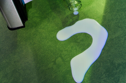 Una mujer joven hispana sonríe mientras sostiene un vaso de leche, con un plato de cereales y arándanos frescos en una mesa de madera. El sol ilumina la escena desde la izquierda.
