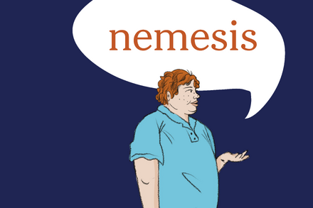 Una imagen estilizada de la palabra 'némesis' en una fuente audaz y dramática, quizás con un fondo oscuro y elementos visuales que sugieran un conflicto, un rival o un destino inevitable.
