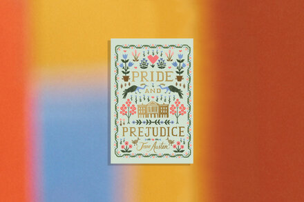 An illustration depicting characters from Jane Austen's Pride and Prejudice, likely Elizabeth Bennet and Mr. Darcy, in a classic romantic setting, possibly in a garden or ballroom. The style evokes 19th-century elegance.