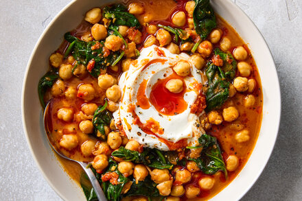 A one-pot dish of ras el hanout chickpeas with cilantro, perfect for a college student's budget and easy cooking.