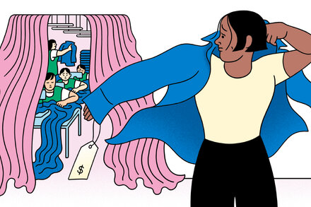 A person looking thoughtfully at a rack of clothing in a store, with a subtle hint of a factory or production line in the background, representing the ethical dilemma of consumer choices.