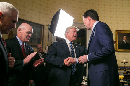 Donald Trump and James Comey in a split image, representing their relationship timeline.