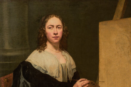 A 17th-century Baroque portrait painting by Michaelina Wautier showing a woman in a dark dress and white collar, with a serious expression, looking directly at the viewer.