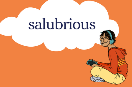 A green leaf with water droplets, symbolizing health and freshness, with the word 'salubrious' subtly integrated into the design. The image evokes a sense of well-being and is the feature image for 'Palabra del día: ‘salubrious’'.