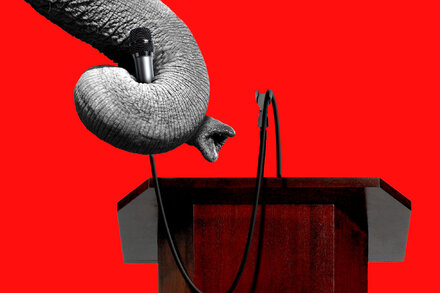 Two hands, one red and one blue, pulling on opposite ends of a rope, symbolizing a tug-of-war over political ideologies.