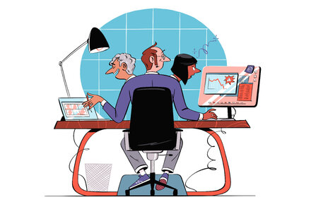 Two businesspeople, a man and a woman, shaking hands in a modern office environment, symbolizing co-leadership.
