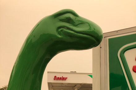 A woman embraces a large, brown, fifty-pound dinosaur statue named Claire, who is wearing a pink collar with a name tag. The dinosaur has a gentle, almost smiling expression. They are in what appears to be a park or outdoor setting, with trees in the background.