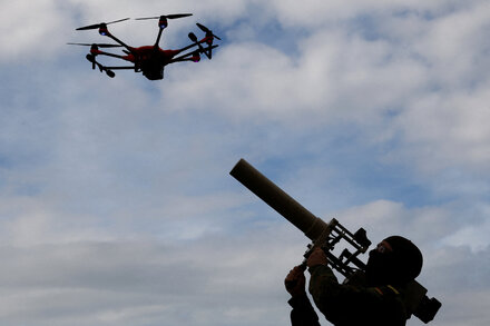 An illustration depicts a network of drones forming a protective barrier across Europe's borders.