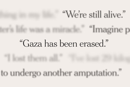 A montage of portraits of Gazan individuals, some with blurred faces, against a backdrop of war-torn structures and dust, conveying a sense of loss and uncertainty.