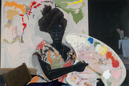 A close-up of a painting by Kerry James Marshall featuring a Black figure with expressive eyes, appearing to look directly at the viewer.