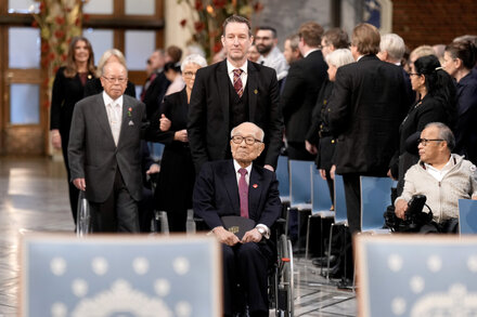 Japanese atomic bomb survivors, known as hibakusha, accepting the Nobel Peace Prize.