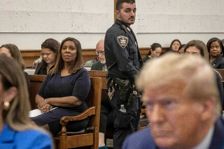 Letitia James and Donald Trump in a courtroom setting, side-by-side, with a visual representation of a timeline overlay indicating key moments in their legal conflict.