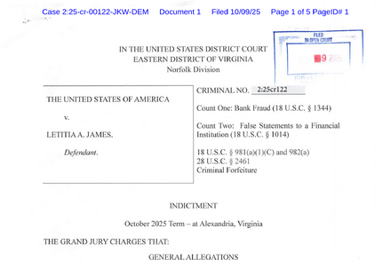 Promotional image for an article discussing the indictment of Letitia James, possibly featuring document-related graphics or a courthouse scene.