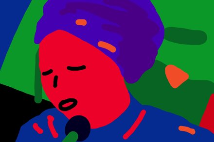 Nina Simone looking intently at a piano keyboard, with her face partially obscured by shadow and her fingers poised over the keys.