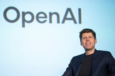 Satya Nadella, Sam Altman, and other tech leaders in a meeting room, symbolizing a 'team of rivals' collaboration.