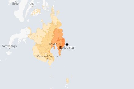 Map showing the location and magnitude of a 7.4 earthquake in the Philippine Sea.