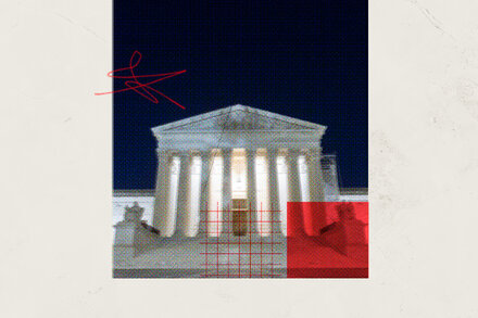An illustration depicting the Supreme Court building with an aura of intense energy or motion, conveying a 'hypercharged' state.