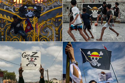 A group of young activists are shown with anime-inspired art or elements in their protest. The image likely symbolizes the intersection of modern youth culture and activism, referencing the article's theme.