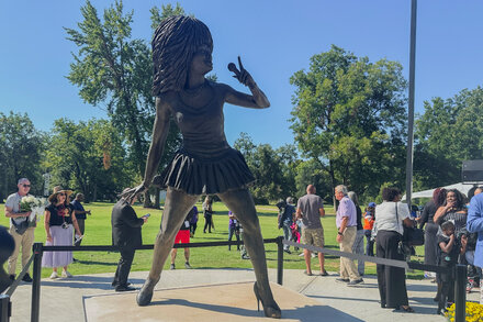 A bronze sculpture of Tina Turner standing on a pedestal, looking defiant, with an angry crowd gathered around its base. Some people are holding signs, and one person is throwing a tomato. The sky is overcast.