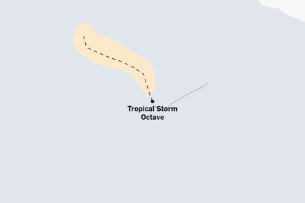 Map showing the projected path and intensity of Tropical Storm Octave across a coastal region, with various color-coded zones indicating wind speeds and a hurricane symbol at the storm's current location.